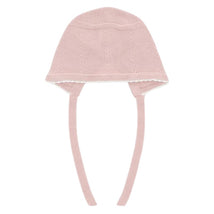 Baby knit bonnet in soft lavender color, featuring textured detailing and ties for secure fit.