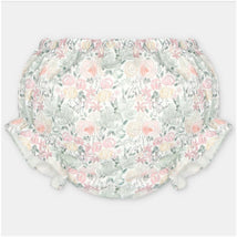 Woven fabric bloomer in Pravia Green with a floral pattern featuring roses and leaves, designed for children.