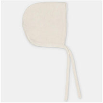 Sweater knit cotton blend bonnet in a light cream color, featuring ties for secure fit.