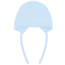 Light blue Draylon knit bonnet with long ties, designed for warmth and comfort. Suitable for infants.