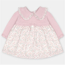 Martin Aranda Dress in Lena Dusty Rose features a pink sweater knit top with a ruffled collar and a floral print skirt.