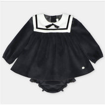 Black velvet dress with white collar and bow, featuring matching bloomer for infants.