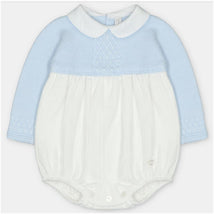 Short romper for infants in light blue sweater knit and white fabric, featuring long sleeves and a collared neckline.