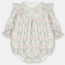 Short romper in Pravia Green with a floral pattern, puff sleeves, and lace detailing, designed for young children.