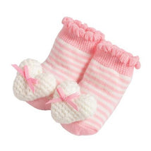 Pink and white striped crochet rattle toe socks featuring white heart decorations with pink ribbons, ideal for infants 0-6 months.