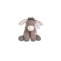 Plush donkey toy featuring a soft gray body, floppy ears, and a cute face, perfect for cuddling.