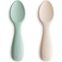 Mushie - Silicone Toddler Starter Spoons, 2 Pack, Cambridge Blue/Shifting Sand Image 1