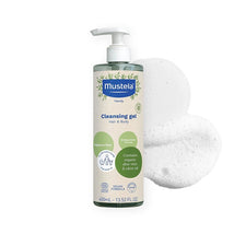 Mustela Organic Cleansing Gel bottle featuring a pump top, labeled for baby use with organic aloe vera and olive oil.