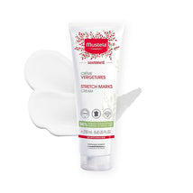 Maternity Stretch Marks Cream by Mustela in a 250ml tube, featuring natural ingredients and safety certifications.