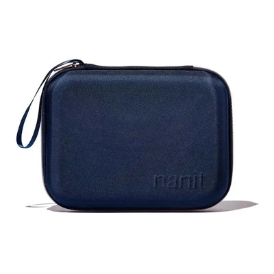 Blue Nanit Travel Case with a zippered closure and a handle, designed for transporting Nanit products.