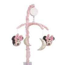Musical mobile with Minnie Mouse plush decorations and silver crescent moons, featuring a pink fabric arm and a music box.