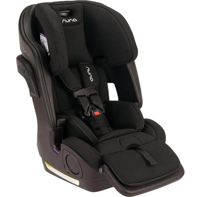 Nuna LUMN Combination Car Seat in Caviar color, featuring a cushioned seat, adjustable harness, and recline function.
