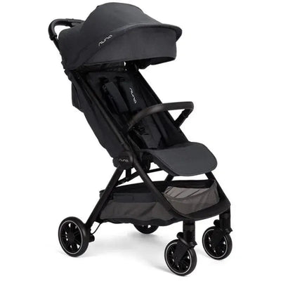 Nuna Trvl stroller in Ocean color, featuring a lightweight frame, adjustable canopy, and compact design for travel.