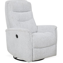 Parker House Gemini Glider Recliner in Cabot Arctic, featuring light grey upholstery and a smooth reclining mechanism.