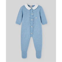 Knit romper for newborns in Koala Dutch Blue featuring a white collar and buttons, with textured detailing.