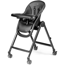 High chair in True Black, featuring a safety harness, removable tray, and sturdy wheels for easy mobility.