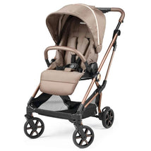 Vivace Single Stroller in Mon Amour design, featuring beige and pink fabric, a protective canopy, and a spacious storage basket.