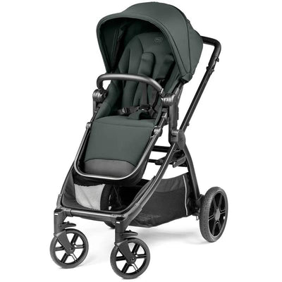 Peg Perego Ypsi Single to Double Stroller in Sage Green, featuring a padded seat, canopy, and storage basket.
