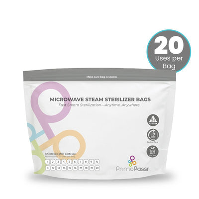 Microwave steam sterilizer bags by Primo Passi, designed for fast sterilization with 20 uses per bag.