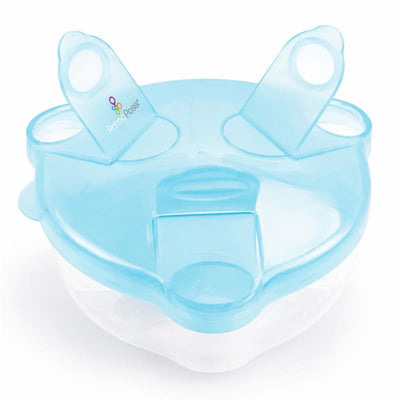 Primo Passi On-The-Go Baby Formula Dispenser in blue, featuring sections for storage and an easy-to-open lid.