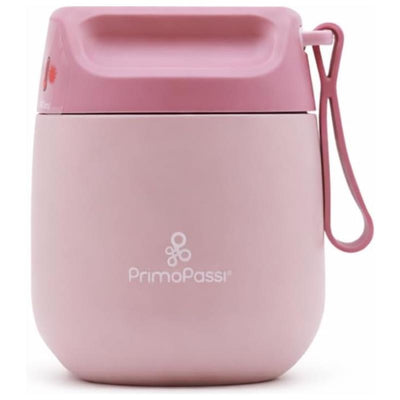Primo Passi 12 oz insulated food jar for kids and babies in pink with a handle and logo on the front.