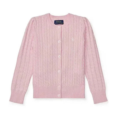 Long-sleeve pink cashmere cardigan sweater with cable knit pattern and button closure from Ralph Lauren Baby.