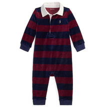 Ralph Lauren Baby - Long-Sleeve Cotton Poly Velour Striped Rugby Coverall, Wine/Navy Image 1