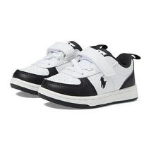 Black and white Ralph Lauren Baby Polo Court II PS shoes featuring a velcro strap and logo detail.