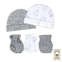 Rose Textiles - 100% Organic Cotton 5 Pack - Hat & Mitt Set, Grey Hot Air Balloon Image 1
