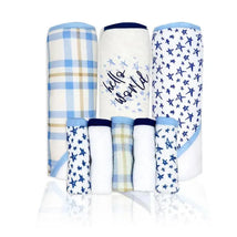 Rose Textiles - 3 Hooded Towels W/ 5 Washcloths, Navy Hello World Image 1