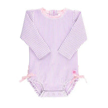 RuffleButts - Baby Girl Seersucker One Piece Rash Guard, Lilac Image 1