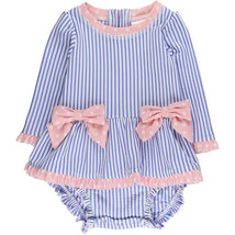 Rufflebutts Girls Periwinkle Blue Seersucker Long Sleeve One Piece Bow Peplum Rash Guard Swimsuit With Zipper Image 1