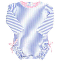 Rufflebutts Girls Periwinkle Blue Seersucker Long Sleeve One Piece Rash Guard With Zipper, Newborn Image 1