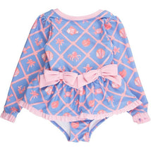 Rufflebutts Girls Tropical Trellis Long Sleeve One Piece Bow Peplum Rash Guard Swimsuit Image 1