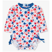 Rufflebutts - Shimmer Star-Spangled Long Sleeve One Piece Rash Guard White With Stars Image 1