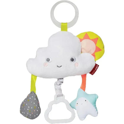Soft cloud-shaped stroller toy with smiling face, sun, star, and teething ring; promotes sensory play for babies.