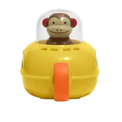 Yellow submarine toy with a smiling monkey character inside, designed for bath play and floating in water.