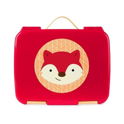 Red lunch box featuring a cute fox illustration in a circular design with a beige background and herringbone pattern.