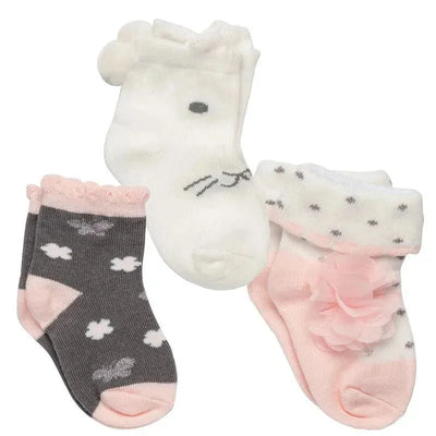 Three pairs of toddler socks featuring a bunny design, cloud patterns, and a decorative flower.