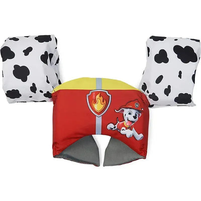 Marshall Swim Trainer Life Jacket featuring a red center with a cartoon dog graphic and black-and-white spotted floaties.
