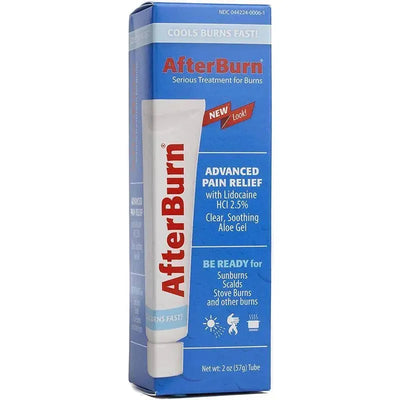Tender After Burn Gel, 2 oz tube for pain relief, contains lidocaine and aloe for soothing burns.