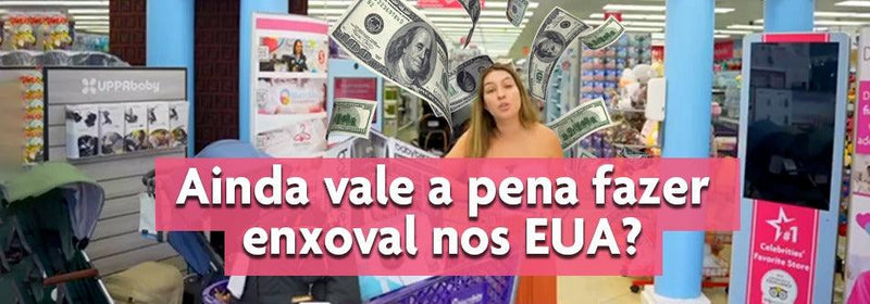 Woman in baby store with floating dollar bills, shopping for strollers and baby gear