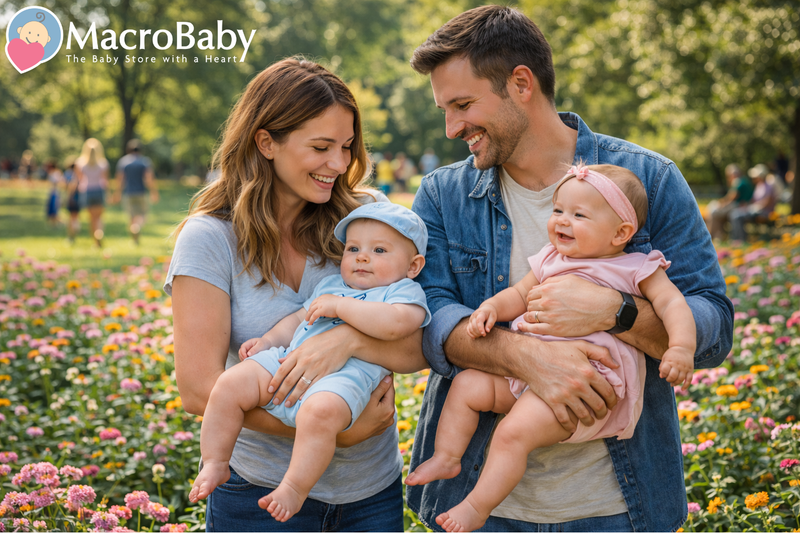 Happy family with baby boy in blue and baby girl in pink, enjoying a sunny day in a flower garden