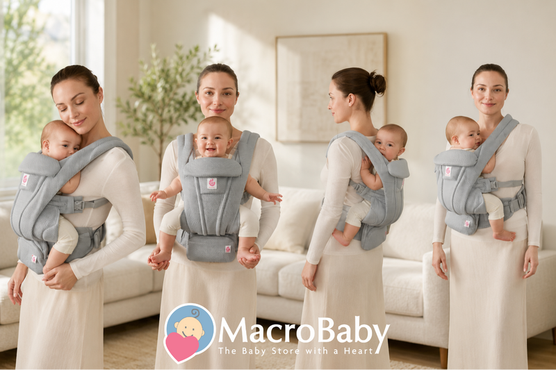 Mom using gray baby carrier in multiple positions for newborn and infant comfort