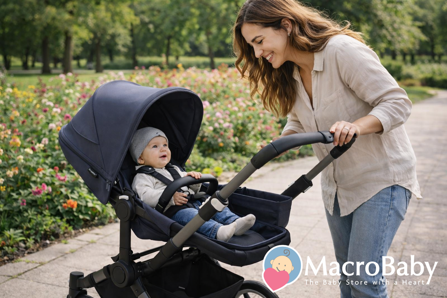 Mom pushing baby in navy stroller through flower garden, perfect for outdoor walks with infant