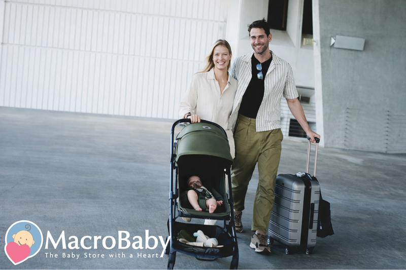 Parents traveling with baby in stroller and suitcase, perfect for family trips and baby essentials
