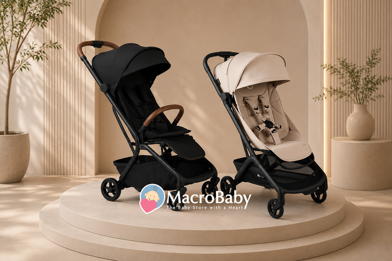 Premium black and beige baby strollers displayed on a minimalist showroom stage.