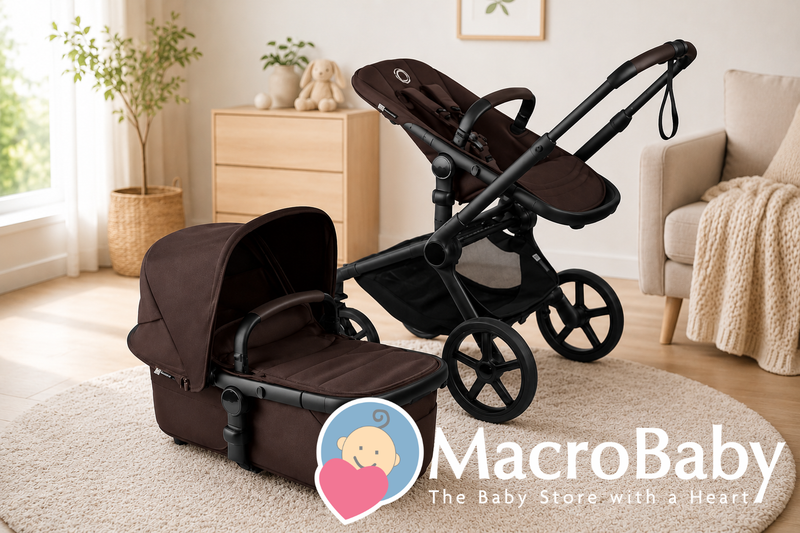Brown baby stroller with bassinet and seat, modern design for newborns and infants, cozy home setting