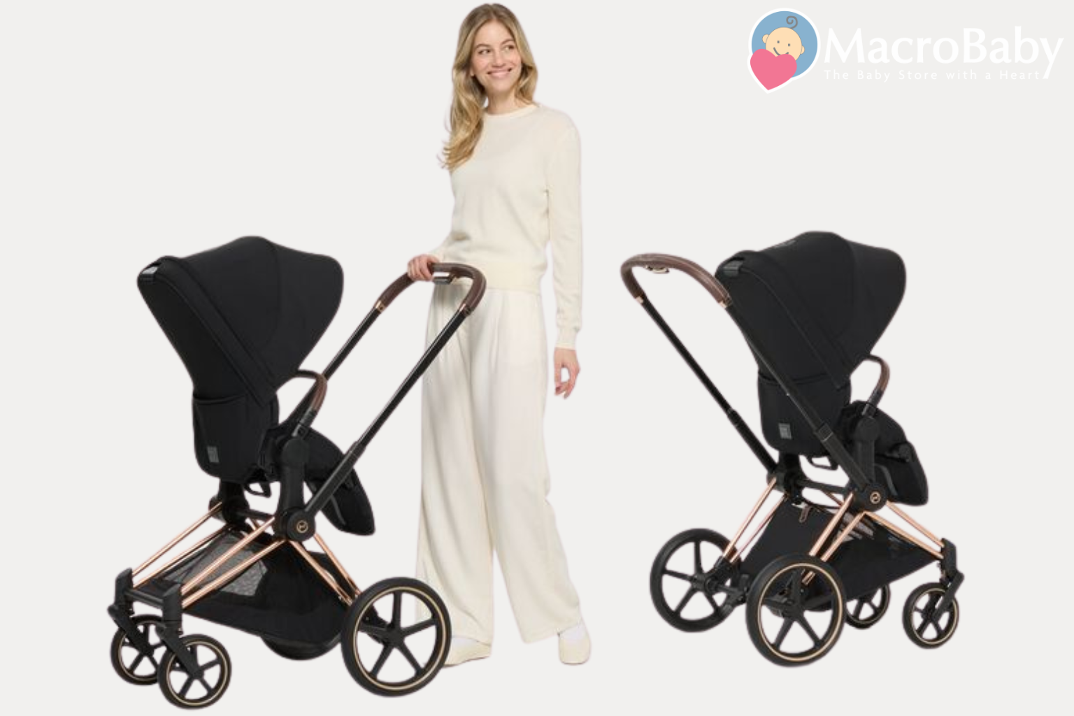 Luxury black baby stroller with rose gold frame, shown from front and side views beside a smiling mom.