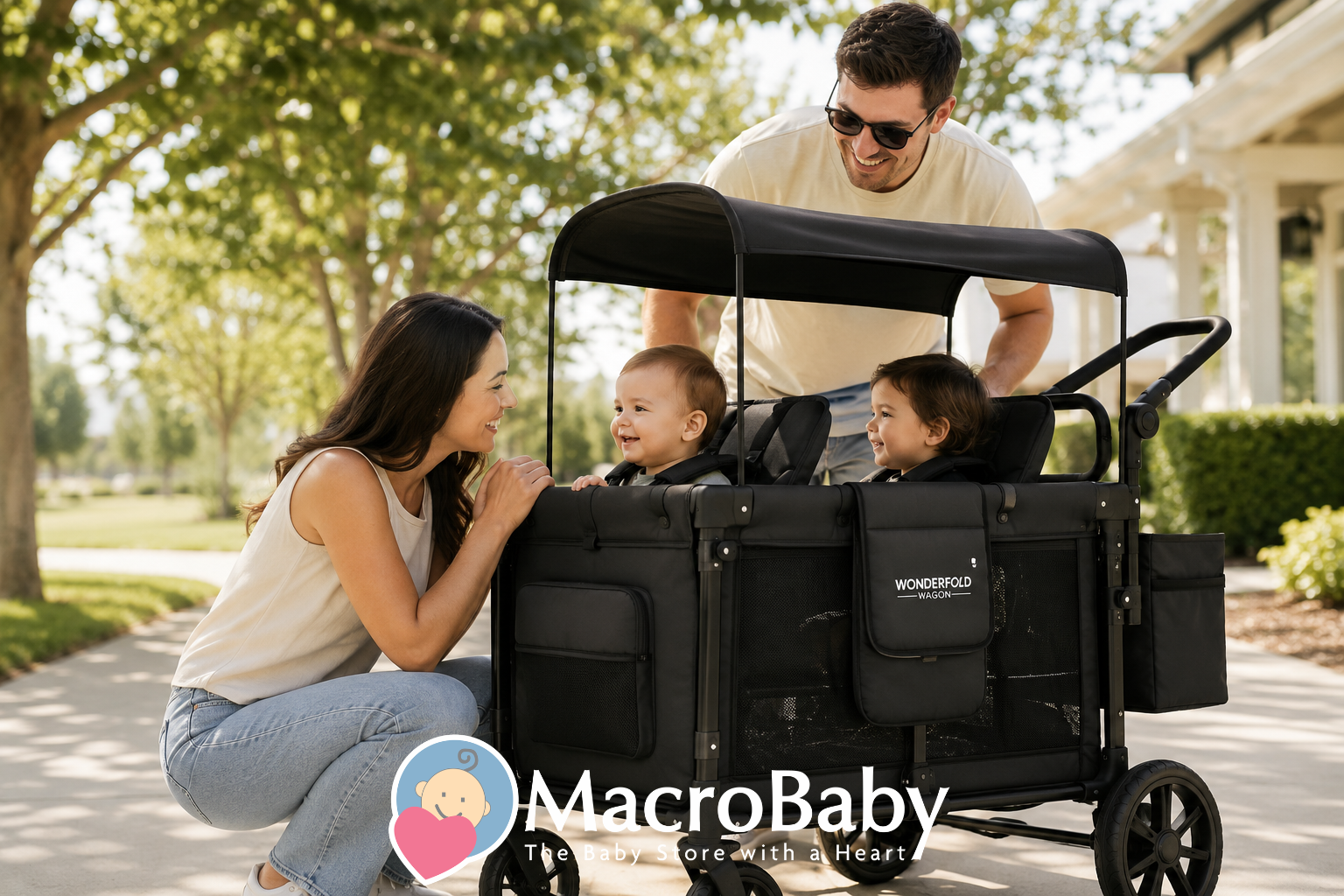 A family enjoys a sunny day outdoors with a black WonderFold stroller wagon, as two young children sit comfortably inside while their parents smile and interact with them in a tree-lined park.